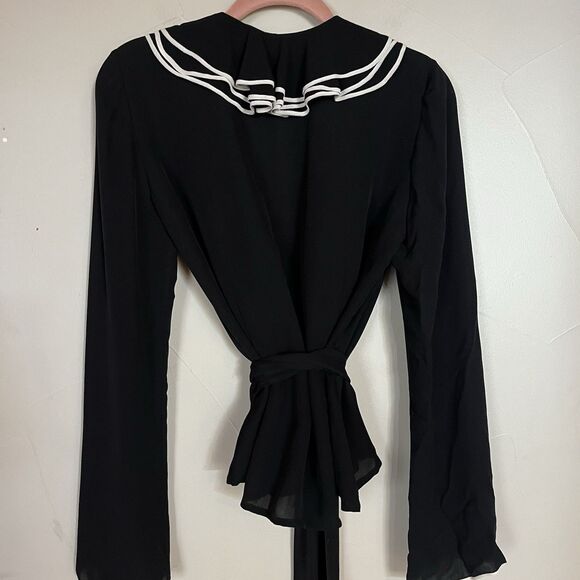 Dana Buchman Black Tuxedo Ruffle Wrap Long Sleeve‎ 100% Silk Blouse SZ 6 Medium - Picture 12 of 16